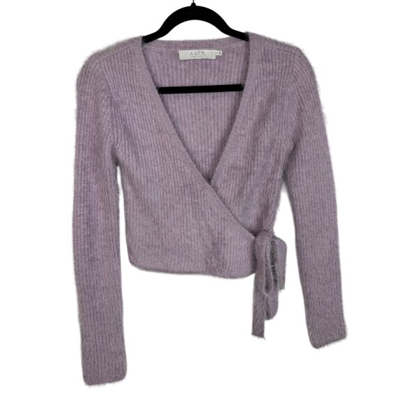 ASTR The Label Balletcore Fuzzy Knit Wrap‎ Crop Sweater Lilac Women's Small - Picture 3 of 11